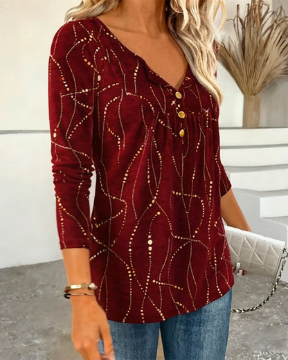 Printed Button-Down V-Neck Top