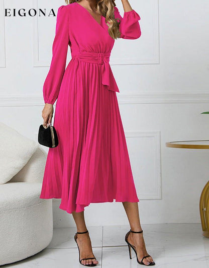 V-Neck Long Sleeve Tie Waist Midi Dress Hot Pink clothes H.Y.G@E Ship From Overseas Shipping Delay 09/29/2023 - 10/03/2023 trend