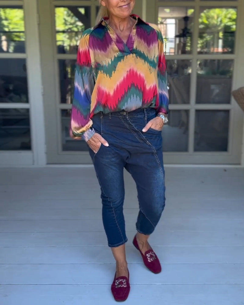 Multicolor Lapel Neck Long Sleeve Top 2023 f/w 23BF blouses & shirts spring