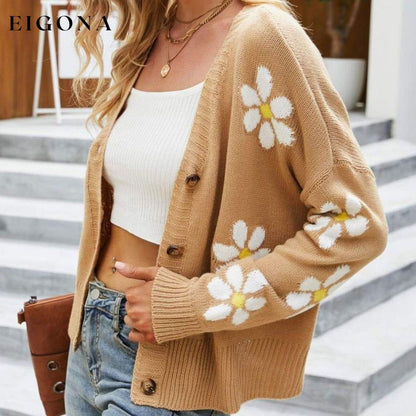 Floral Ribbed Trim Drop Shoulder Cardigan cardigan cardigans clothes Ship From Overseas sweater sweaters Yh