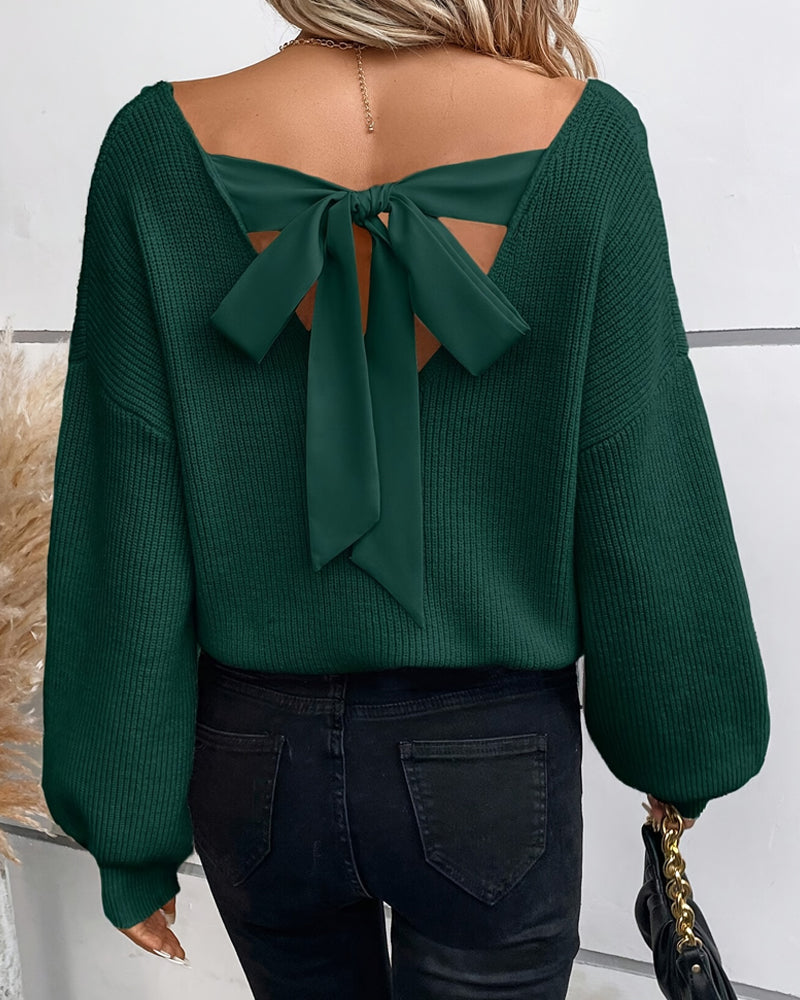 Backless Bow V-Neck Pullover