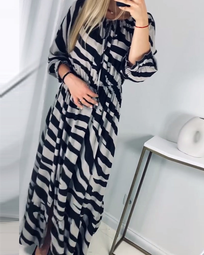 Contrast stripe print slit elegant dress casual dresses spring