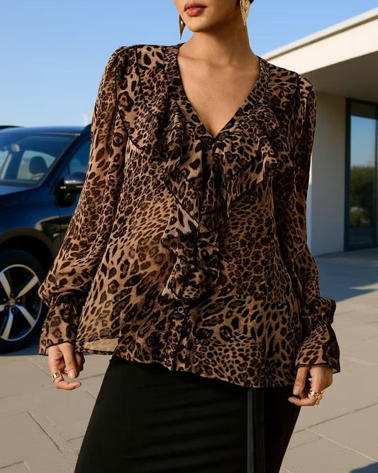 V-Neck Ruffled Leopard Print Blouse