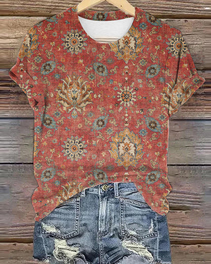 Retro ethnic style round neck short sleeve T-shirt 2024 f/w spring summer t-shirts Western Style