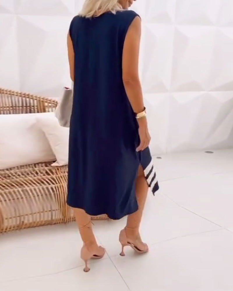 Elegante abito senza maniche con stampa a foglie