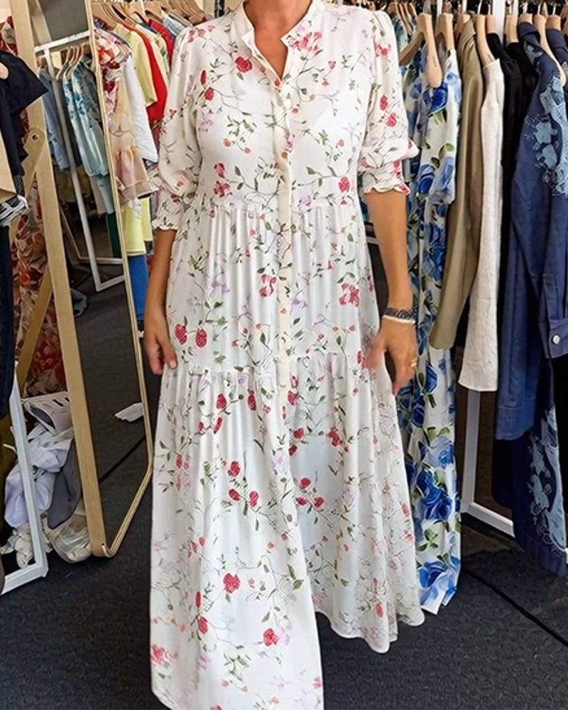 Stylish Floral Stand-Collar Dress