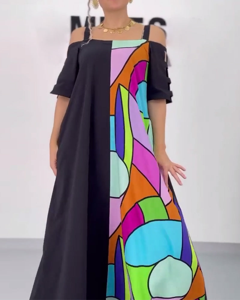 Lockeres Kleid mit schulterfreiem Kontrastdruck