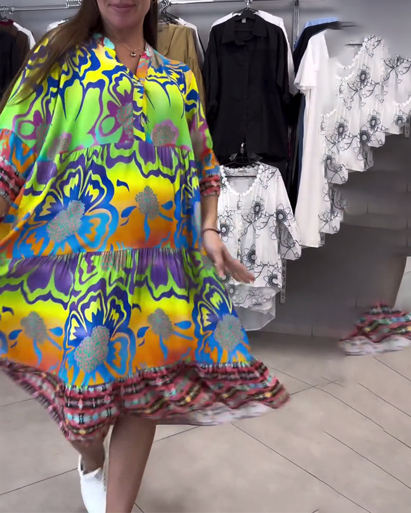 Lässiges Bohemian-Kleid mit V-Ausschnitt und Print