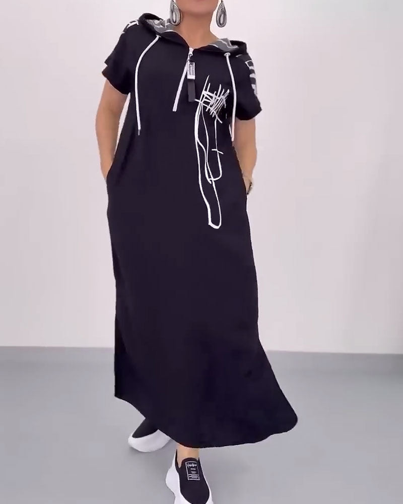 Lockeres Kontrastkleid mit halbem Reißverschluss