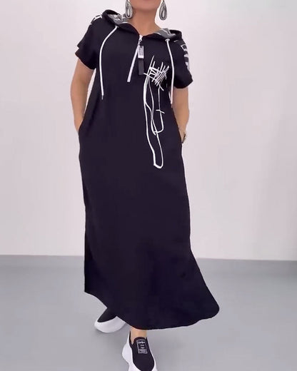 Lockeres Kontrastkleid mit halbem Reißverschluss