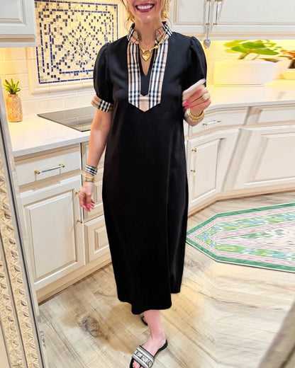 Puff Sleeve Plaid Contrast Dress