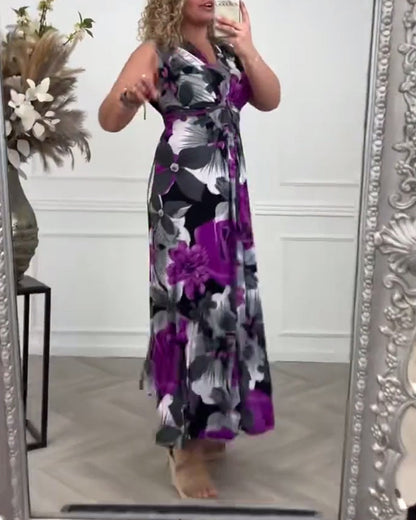 Vestido elegante plisado sin mangas con estampado floral