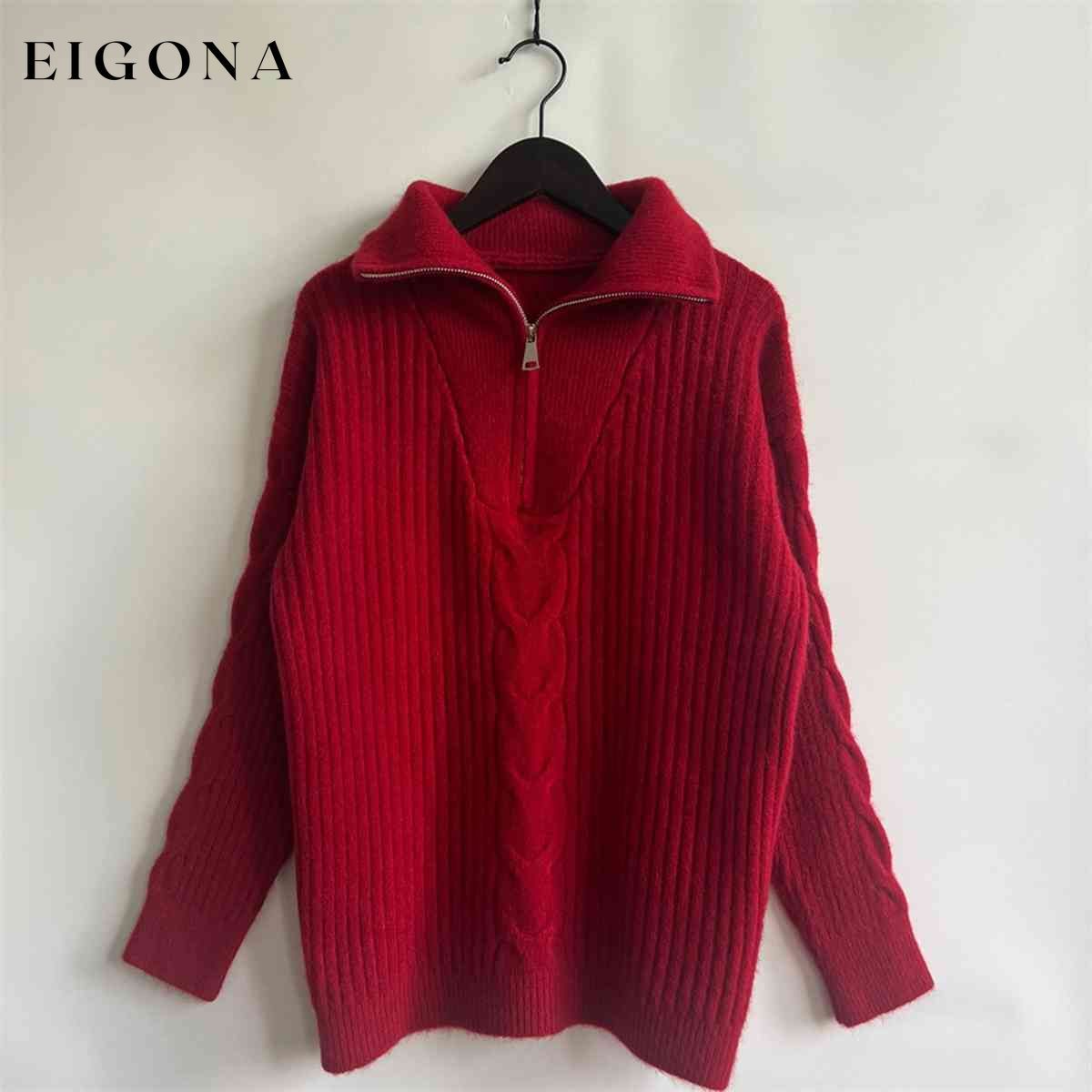 Ribbed Half Zip Long Sleeve Sweater Red clothes S.X Ship From Overseas
