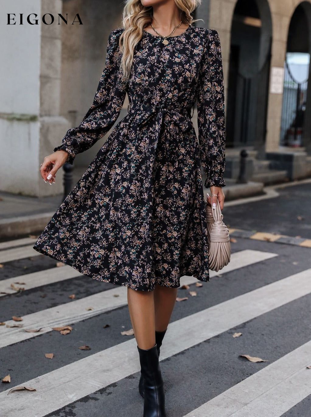 Printed Tie Belt Balloon Sleeve Dress Black clothes dress dresses Hanny long sleeve dresses Ship From Overseas Shipping Delay 09/29/2023 - 10/04/2023 trend