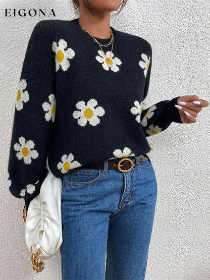 Flower Round Neck Latern Sleeve Sweater Black clothes Ship From Overseas sweater sweaters Sweatshirt X.W