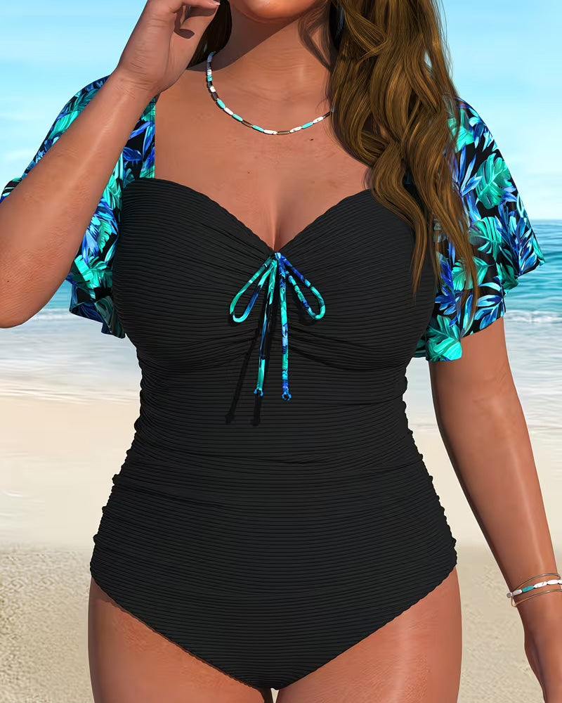 Color Block Ruffle Sleeve Drawstring One-Piece