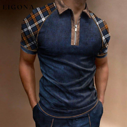 Plaid Print Stand-up Collar Men's Zipper Polo Shirt men