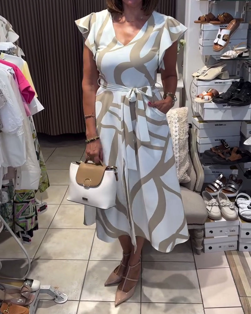 Bedrucktes Kleid mit Rüschenärmeln und V-Ausschnitt