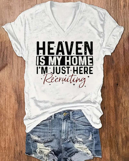 Casual Short Sleeve HEAVEN Print V Neck T-Shirt 2024 f/w faith & slogan spring summer t-shirts