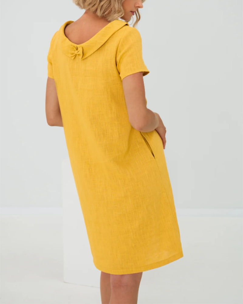 Double Collar Bowknot Cotton and Linen Dress