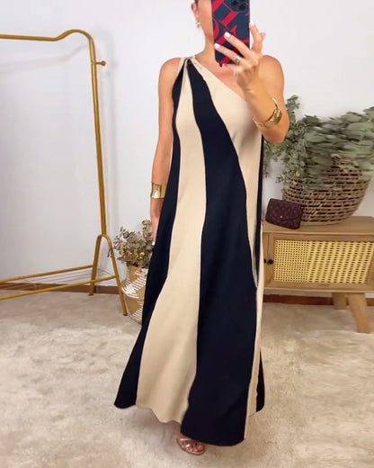 Striped printed one-shoulder casual long dress casual dresses summer