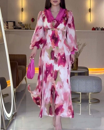 Elegant dress with printed lantern sleeves and lapel 202466 casual dresses spring summer