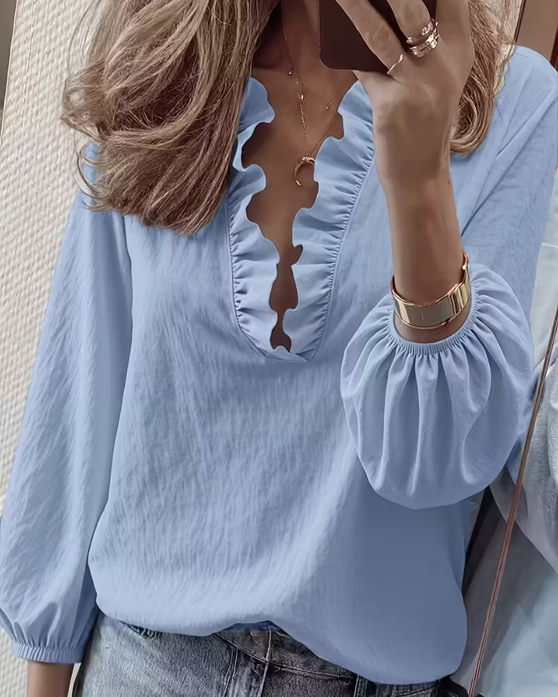 Long-Sleeved Ruffled V-Neck Blouse