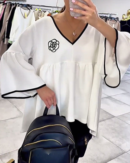 V-Neck Contrast Color Flared Sleeve Blouse