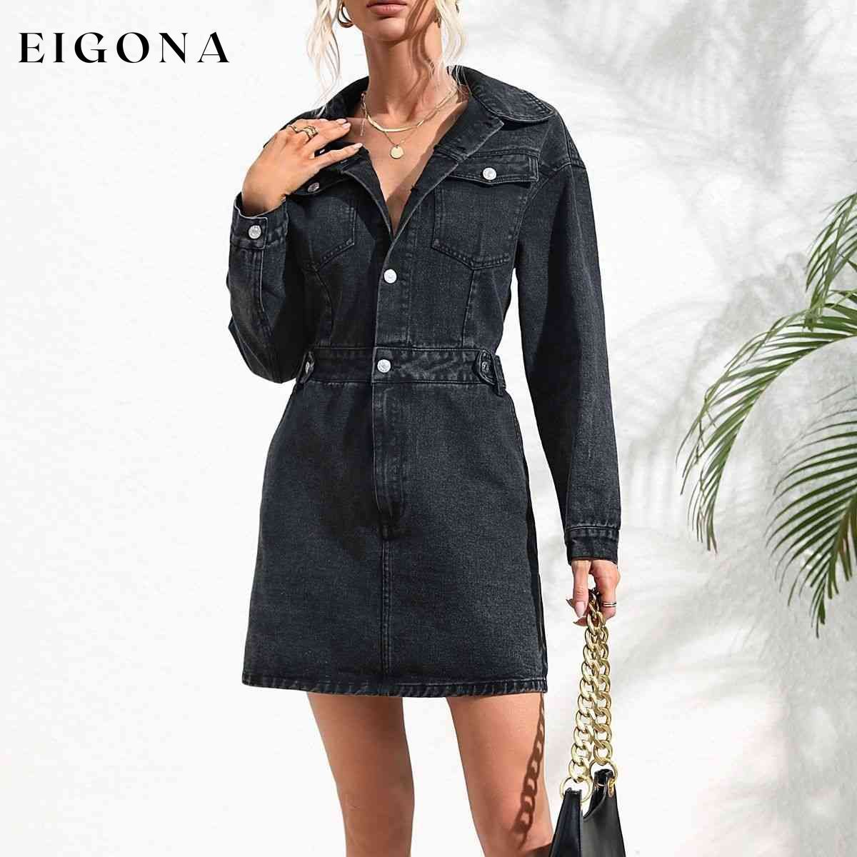 Buttoned Collared Neck Denim Mini Dress Black clothes Ship From Overseas Y@X@N@H