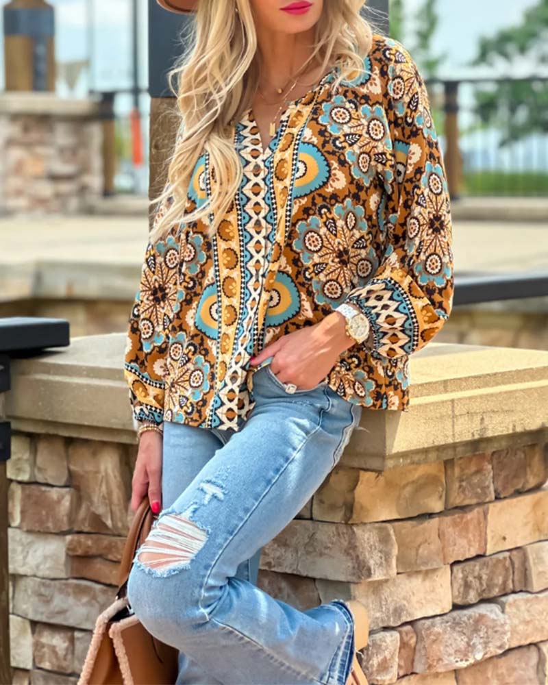 Retro printed lantern sleeve blouse 2024 f/w blouses & shirts spring