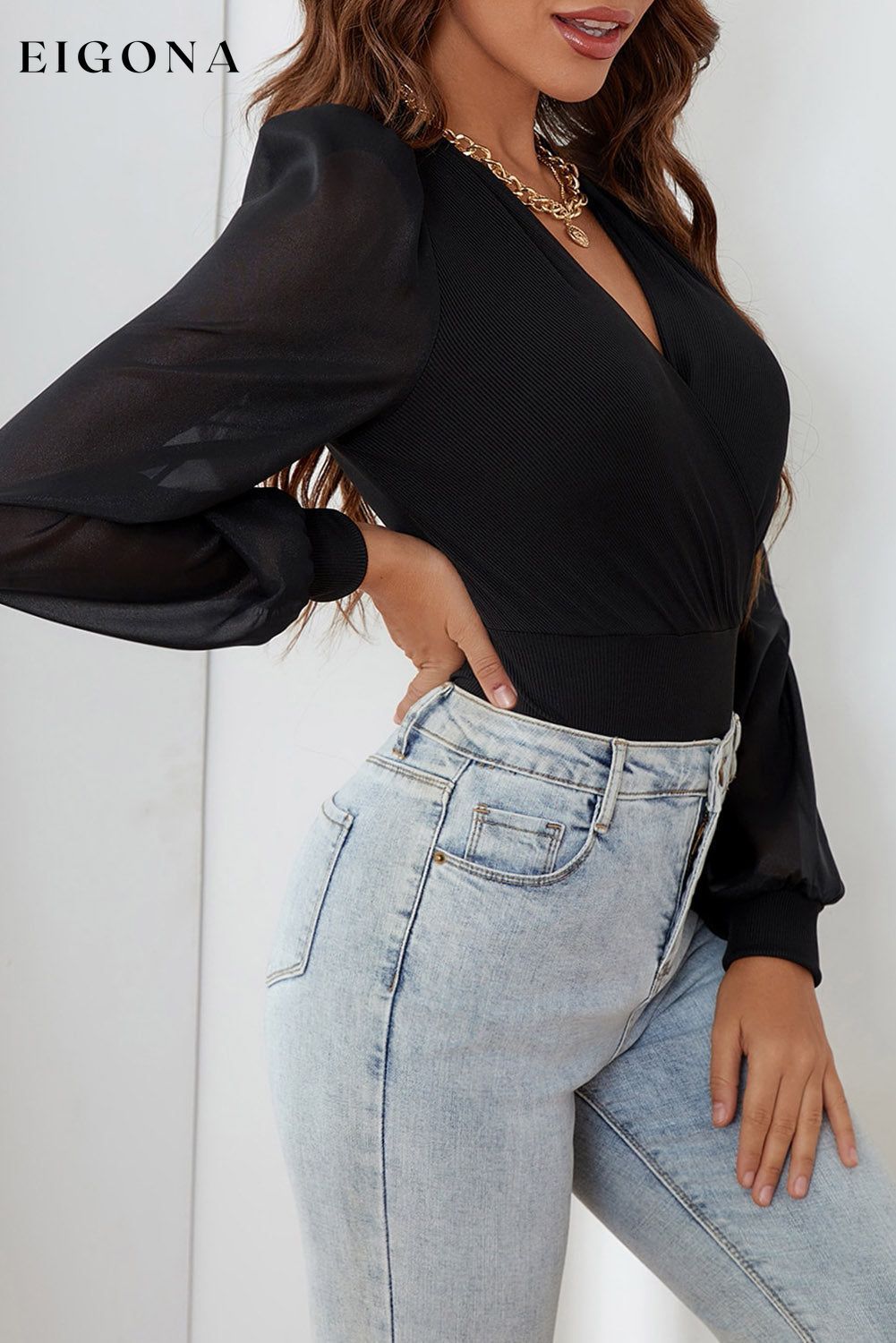 Black Solid Color V Neck Wrap Mesh Sleeves Long Sleeve Shirt, Bodysuit bodysuit bodysuits clothes long sleeve shirt long sleeve shirts long sleeve top long sleeve tops Occasion Daily Print Solid Color Season Fall & Autumn shirt shirts Style Elegant top tops