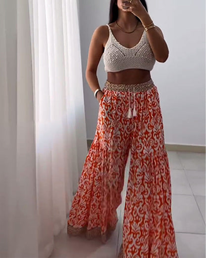 Printed Drawstring Wide-Leg Pants