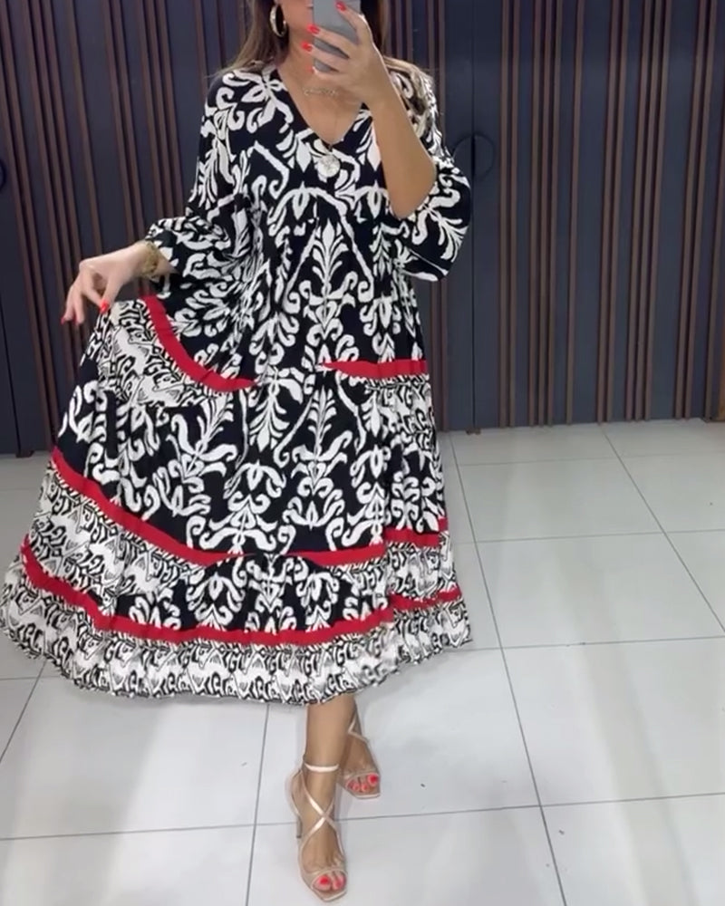 Retro print wide V-neck dress casual dresses spring summer