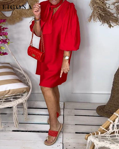 Solid color V-neck puff sleeve elegant dress casual dresses spring summer