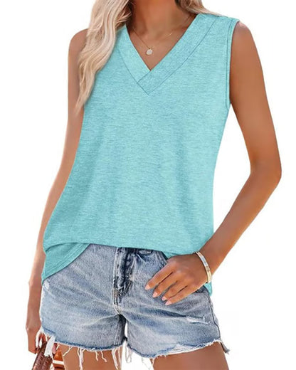 Women's Sleeveless V-Neck Slimming Loose Fit Casual Tank Top T-Shirt