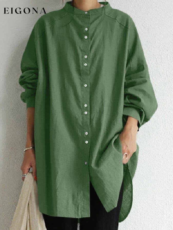 Stand Collar Contrast Button Loose Long Sleeve Casual Shirt cotton linens