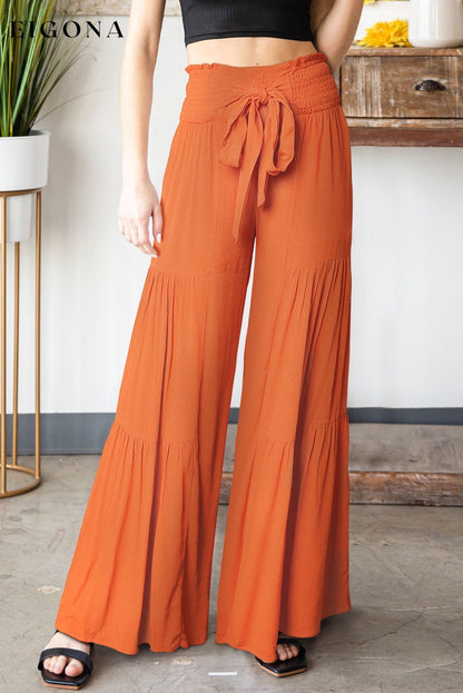 Orange Smocked Waist Tiered Wide Leg Pants bottom bottoms clothes Craft Smocked Occasion Vacation pants Season Summer Style Casual wide leg pants