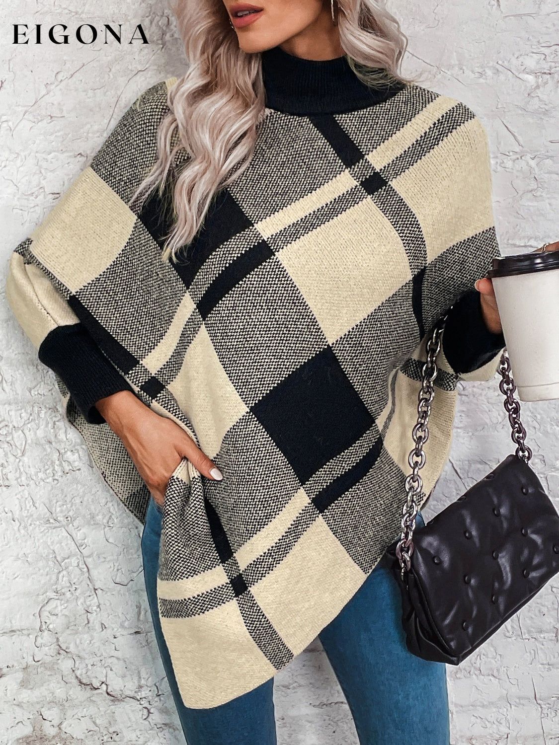 Plaid Turtleneck Poncho clothes Ship From Overseas Shipping Delay 09/30/2023 - 10/03/2023 Sounded Sweater sweaters