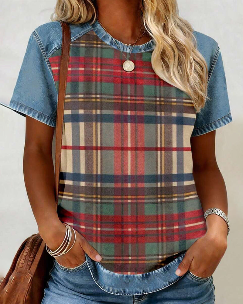 Denim Patchwork Vintage Plaid T-Shirt