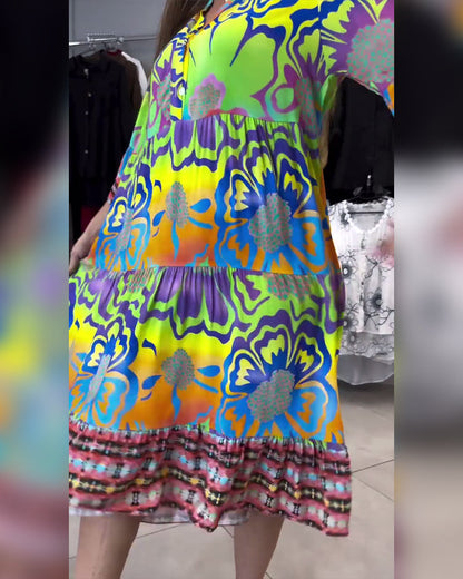 Lässiges Bohemian-Kleid mit V-Ausschnitt und Print