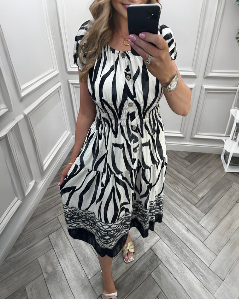 Button Design Geometric Short Sleeve Dress