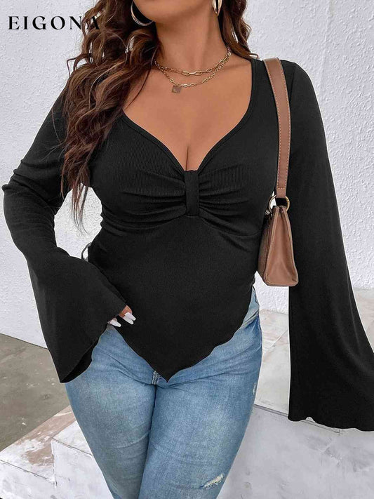 Plunge Flare Sleeve Top Black clothes long sleeve shirt long sleeve shirts long sleeve top long sleeve tops Ship From Overseas shirt shirts top tops Y@Q@S