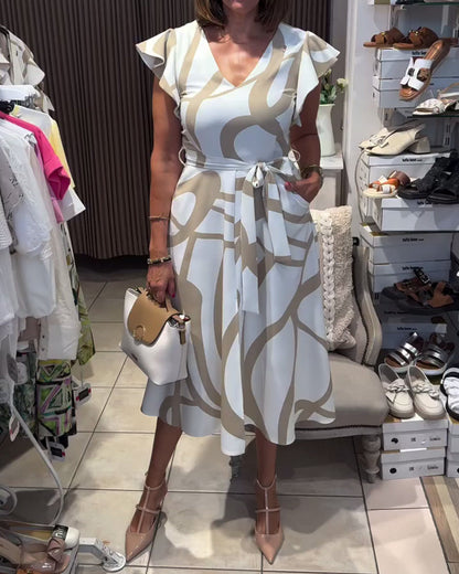 Bedrucktes Kleid mit Rüschenärmeln und V-Ausschnitt