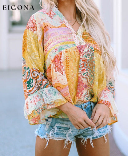 Multicolor Paisley Print Bell Sleeve Lace V-Neck Button Sheer Blouse All In Stock Best Sellers clothes Early Fall Collection long sleeve shirt long sleeve shirts long sleeve top long sleeve tops Occasion Daily Print Paisley Season Spring shirt shirts Style Bohemian top tops