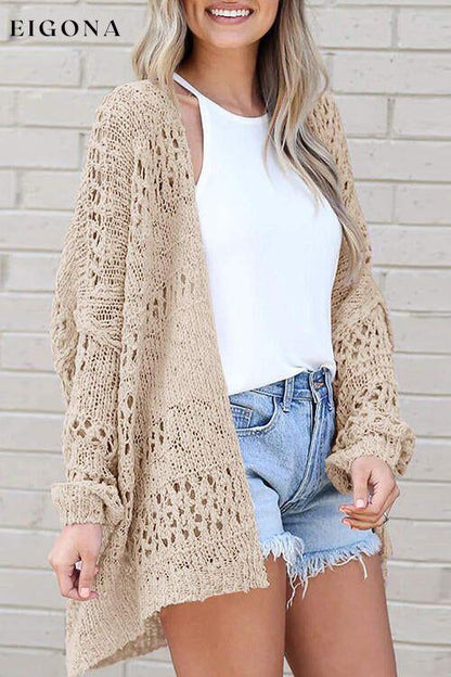 Openwork Open Front Long Sleeve Cardigan Sand cardigan cardigans clothes Ship From Overseas X.W