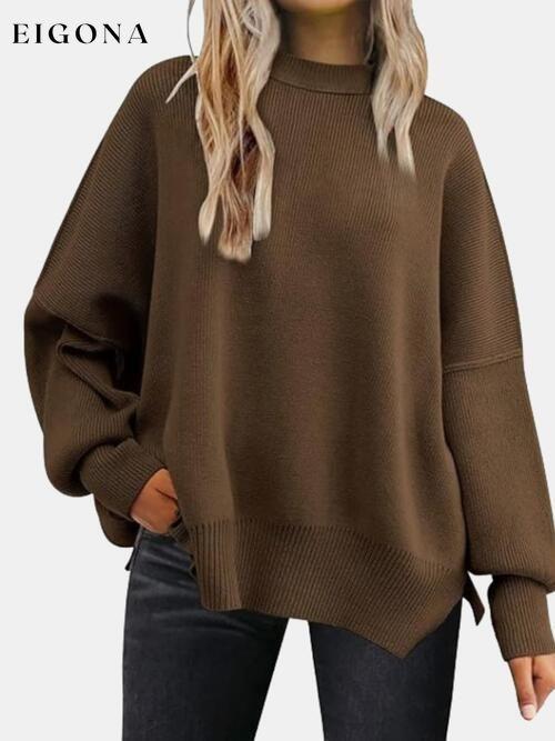 Round Neck Drop Shoulder Slit Sweater Chocolate clothes R.T.S.C Ship From Overseas Sweater sweaters Sweatshirt