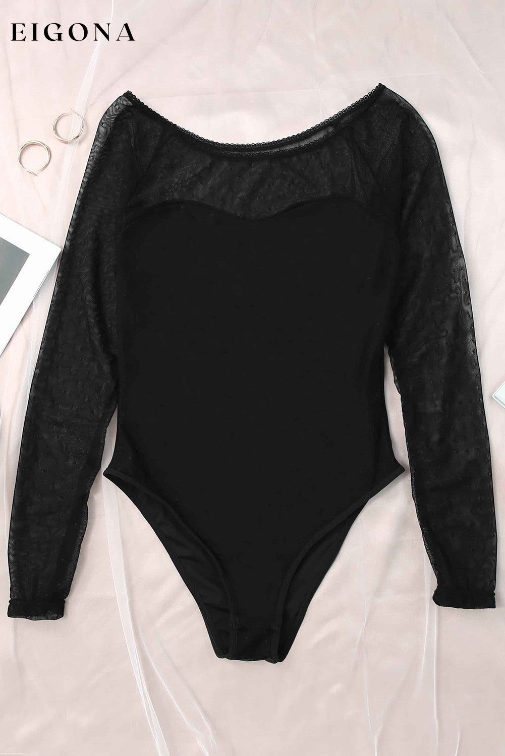 Black Dotty Mesh Overlay Long Sleeve Bodysuit bodysuit bodysuits clothes DL Exclusive Fabric Lace Fabric Sheer Fabric Swiss Dot Occasion Daily Print Solid Color Season Four Seasons Style Elegant trend