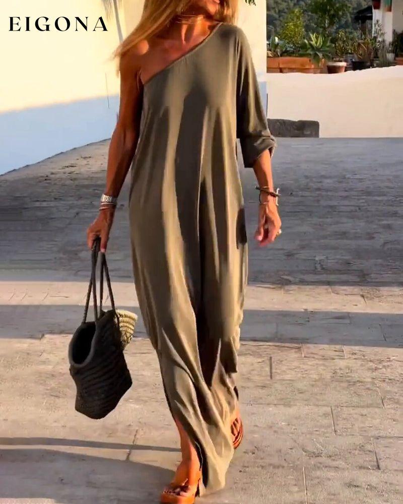 One shoulder sleeve solid color dress Dark grey 23BF Casual Dresses Clothes Dresses Spring Summer