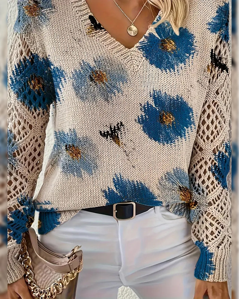 Langärmliger Jacquard-Pullover mit V-Ausschnitt