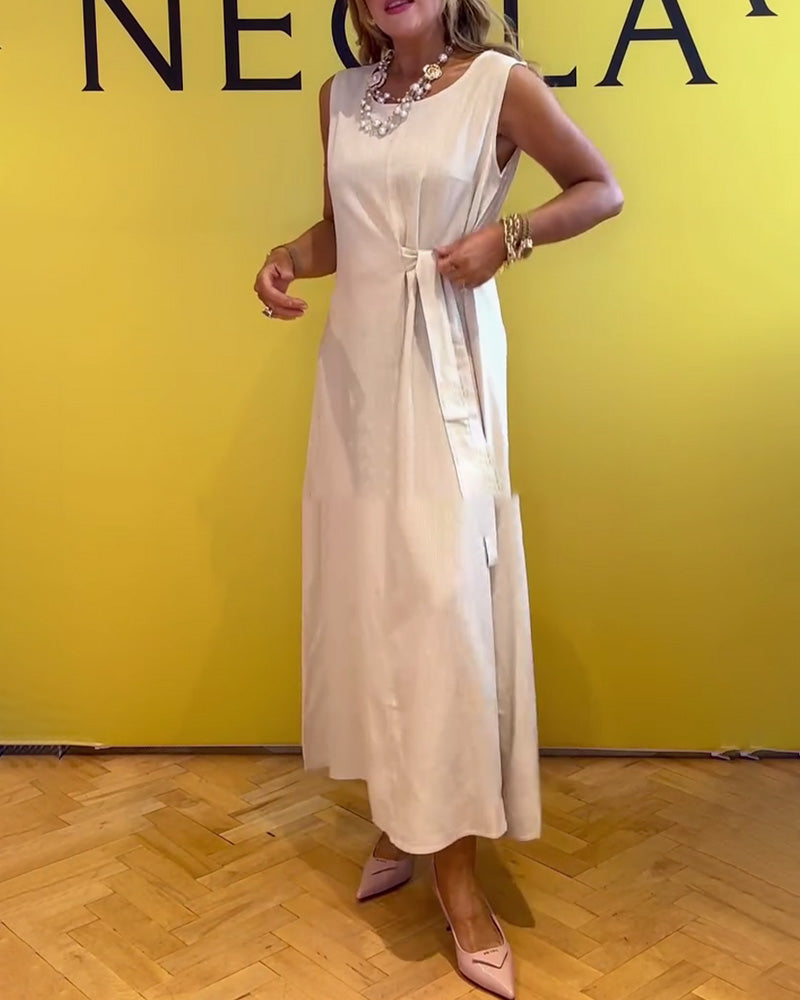 Ärmelloses, einfarbiges Kleid aus Baumwolle und Leinen